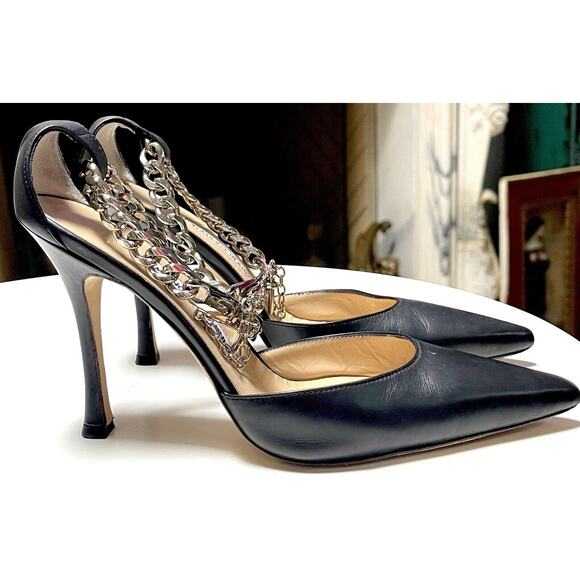 Manolo Blahnik Black Leather Silver Dagger Lock Chain D'Orsay Pumps Heels Italy - Picture 6 of 15